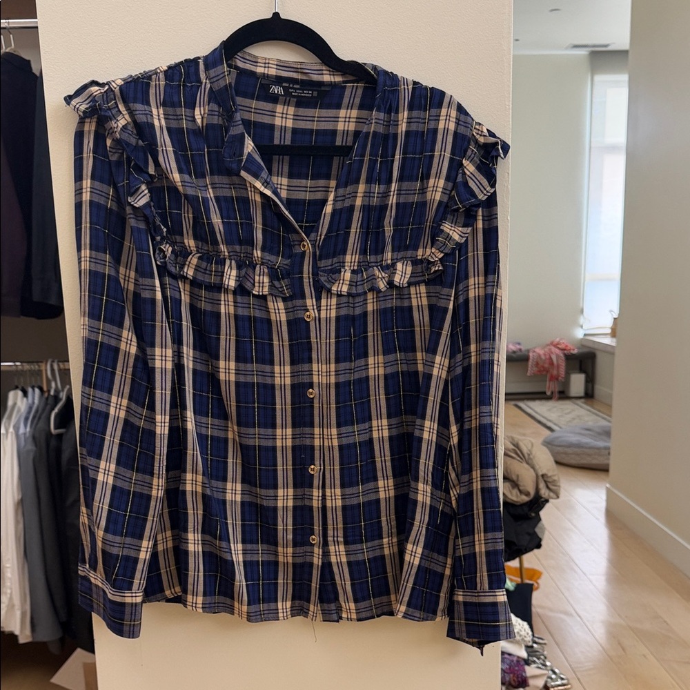Zara Navy and Beige Plaid Ruffle Shirt